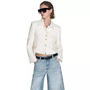Zara Tweed Cropped Blazer Jacket Buttons Collared Long Sleeves Ecrue Size M